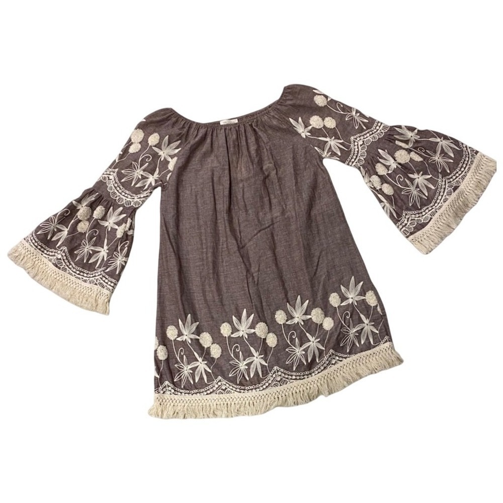 VELZERA Womens Boho Embroidered Bell‎ Sleeve Dress Brown Off Shoulder S Small